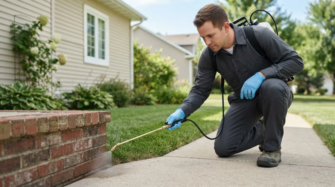 Pest control technician treating a home near Saint Georges, DE